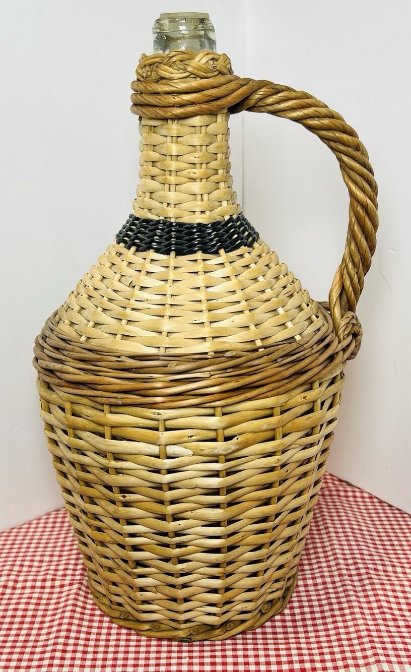 Vintage Wicker Covered Glass Demijohn Wine Bottle Carboy Jug Italian Farmhouse